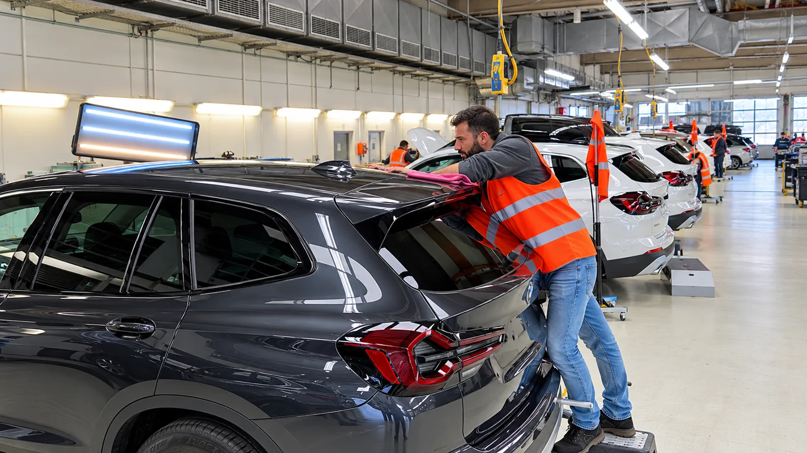 Techniker in orangefarbener Warnweste prüft die Oberfläche eines dunklen Fahrzeugs unter einer Lichtleiste, im Hintergrund weitere Fahrzeuge in der Halle.
